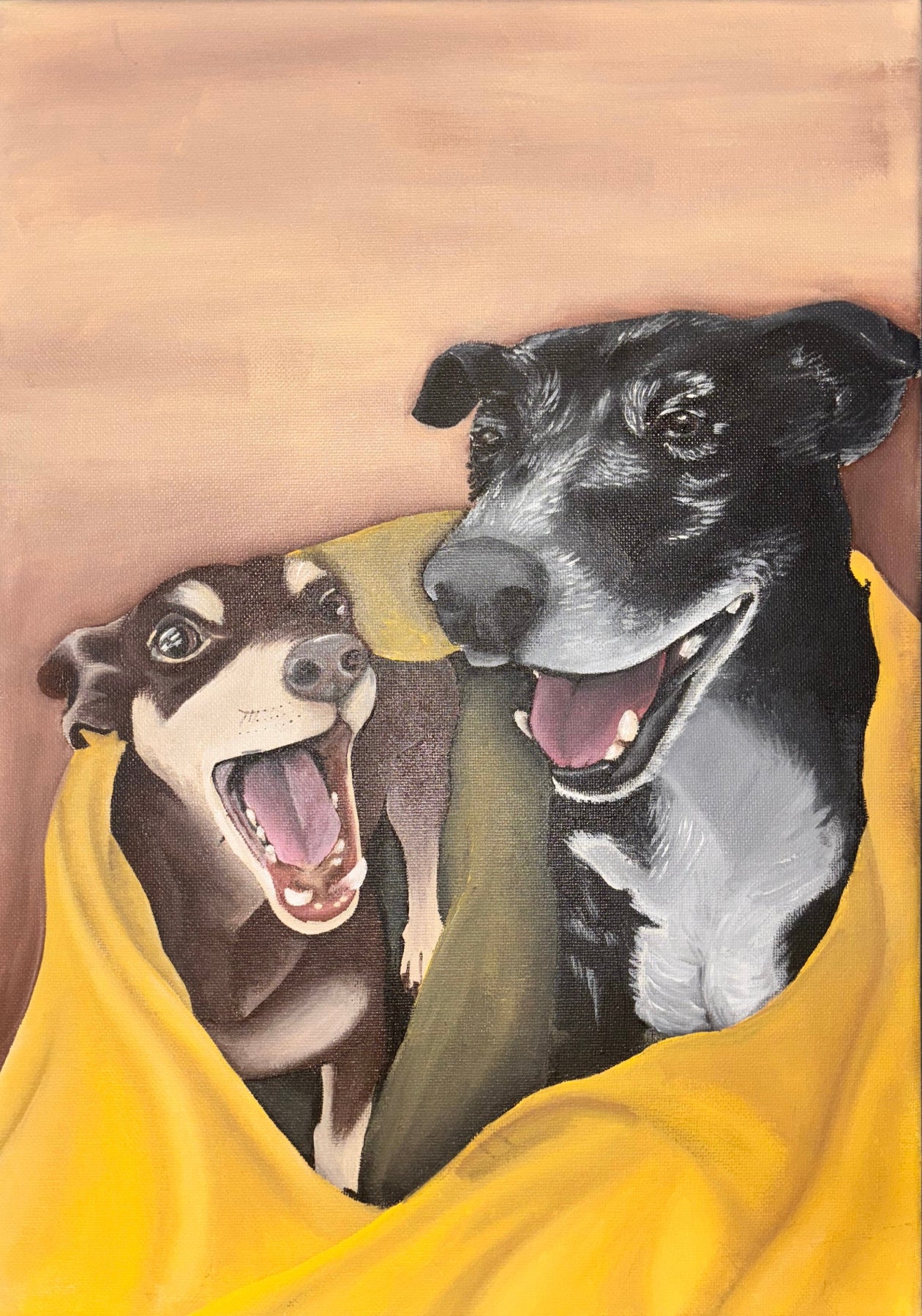 Two happy dogs wrapped in a yellow blanket with a warm brown background