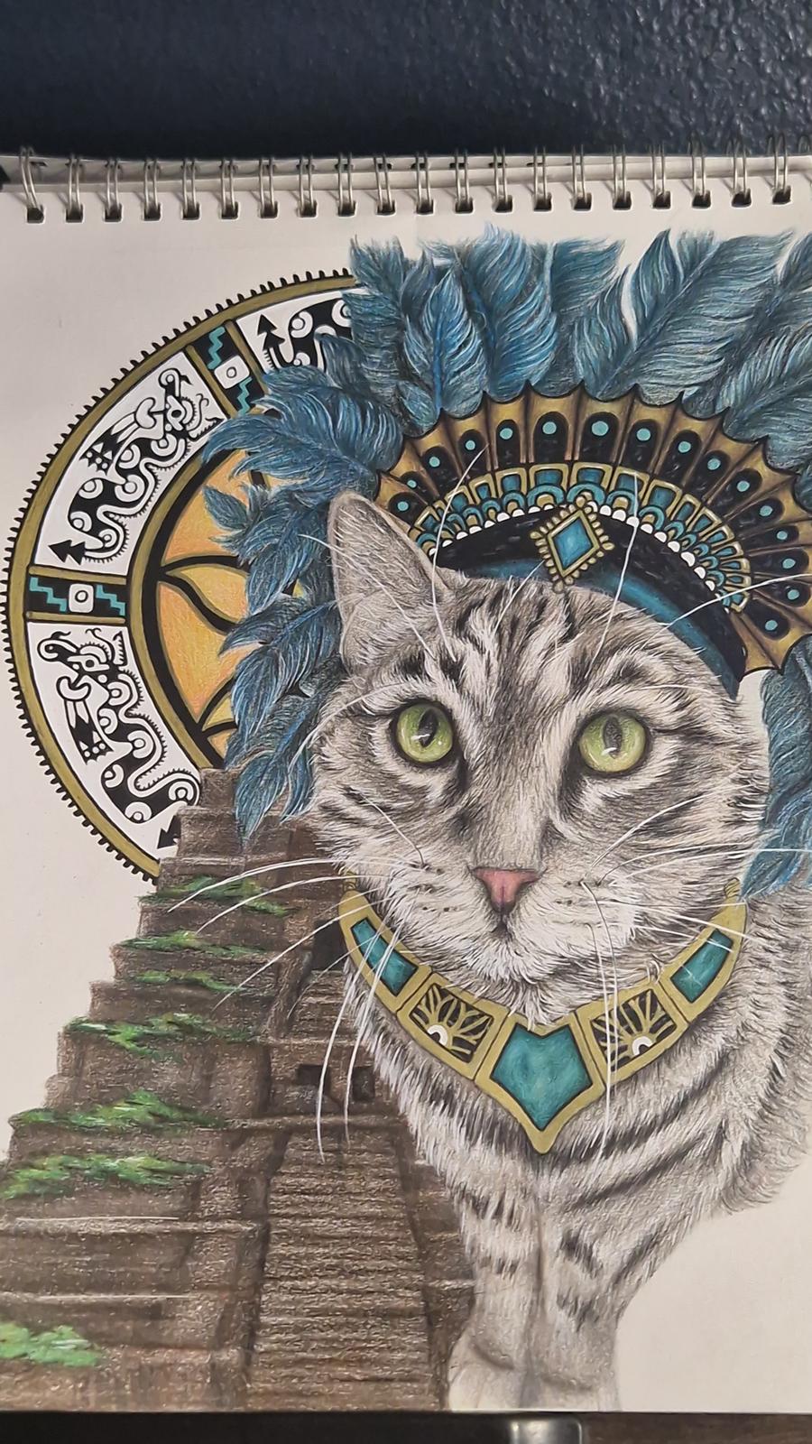 Cat with decorative headdress and ancient temple illustration